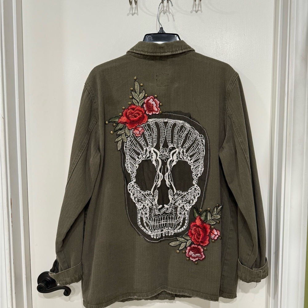 Embroidered Skull Jacket with Red Roses